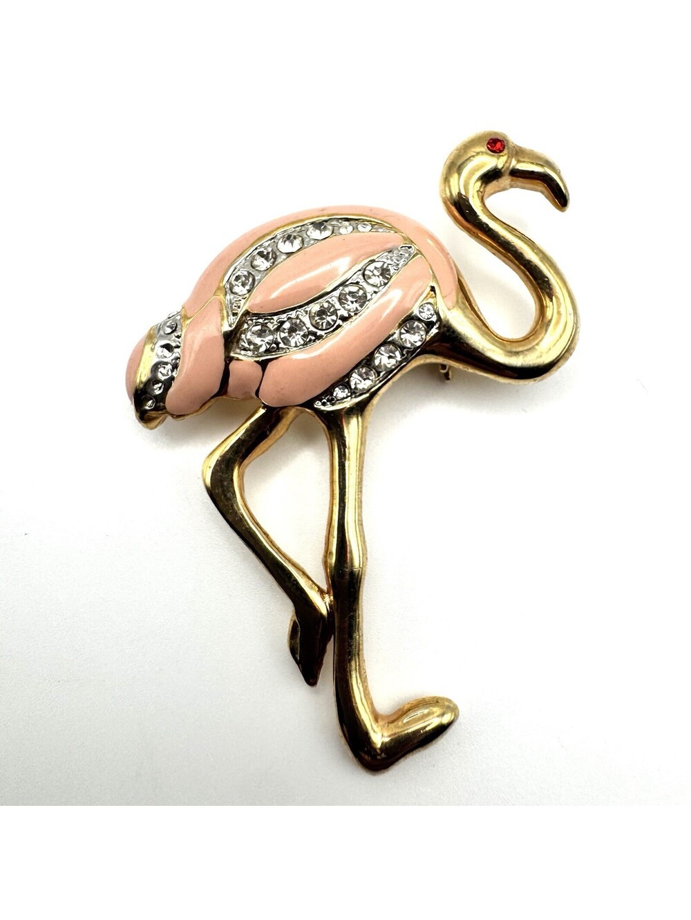 Vintage Pink Flamingo Brooch with Rhinestones and Gold Tone Finish